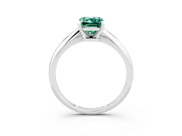 White gold Emerald Cut Green Sapphire Solitaire Engagement Ring with Classic Band and Four-Prong Setting