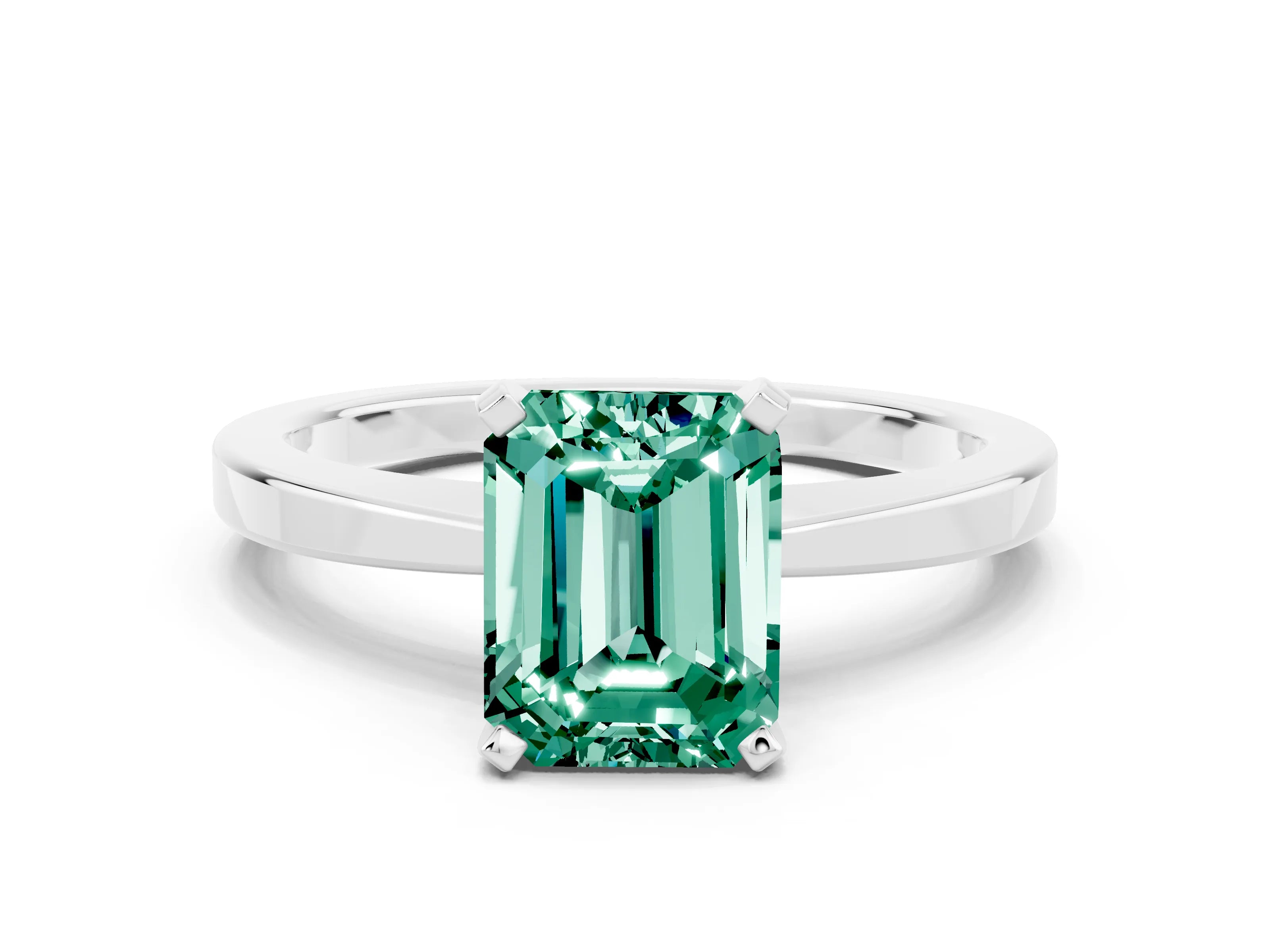 White gold Emerald Cut Green Sapphire Solitaire Engagement Ring with Classic Band and Four-Prong Setting_24
