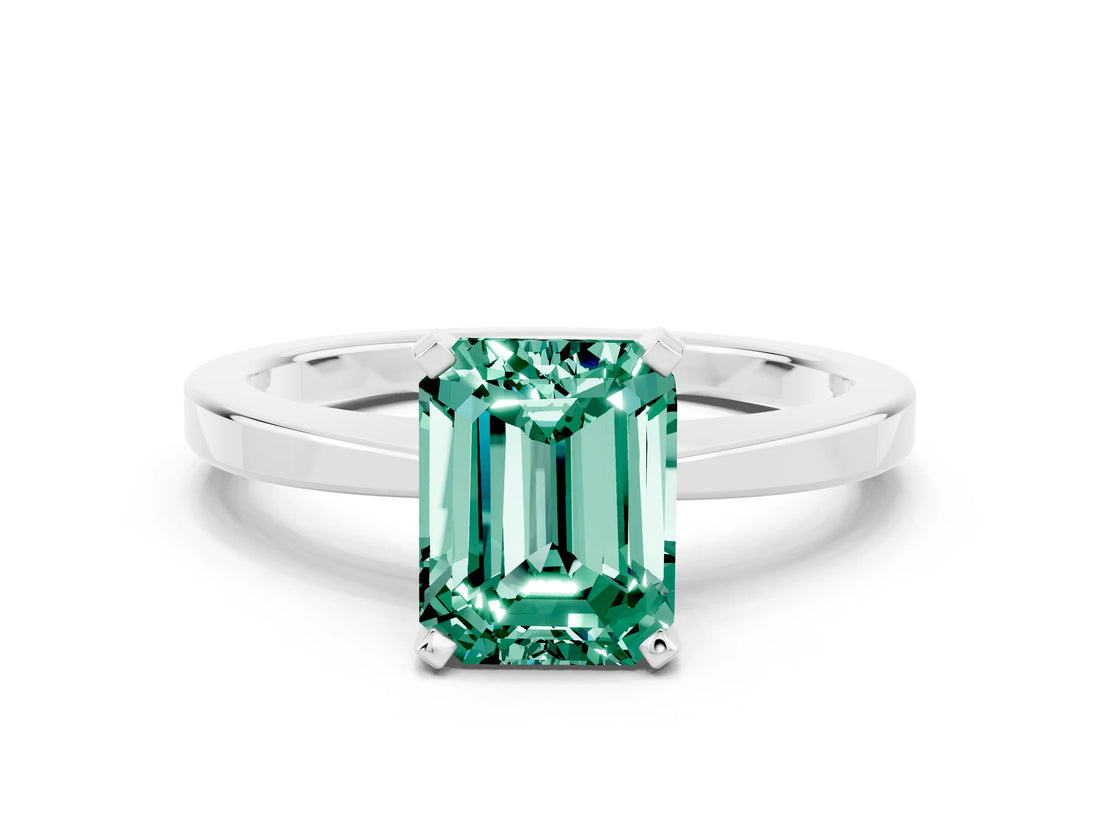 White gold Emerald Cut Green Sapphire Solitaire Engagement Ring with Classic Band and Four-Prong Setting_24