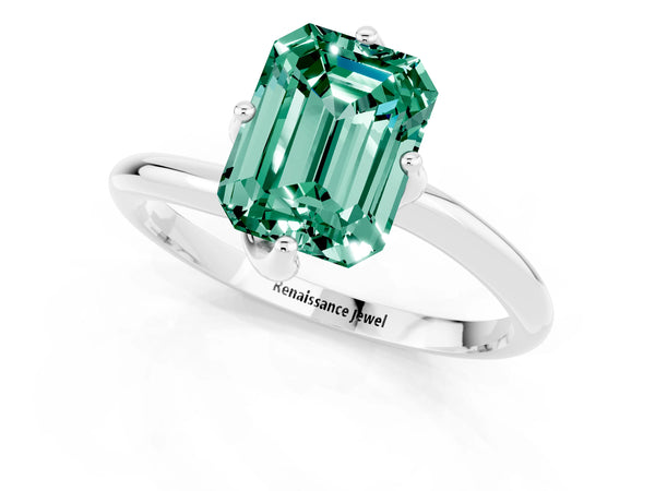 Platinum Emerald Cut Green Sapphire Solitaire Engagement Ring with Four-Prong Setting and Classic Band