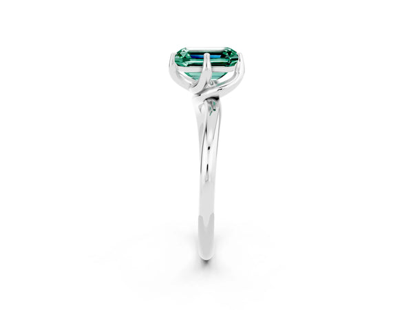 Platinum Emerald Cut Green Sapphire Solitaire Engagement Ring with Four-Prong Setting and Classic Band