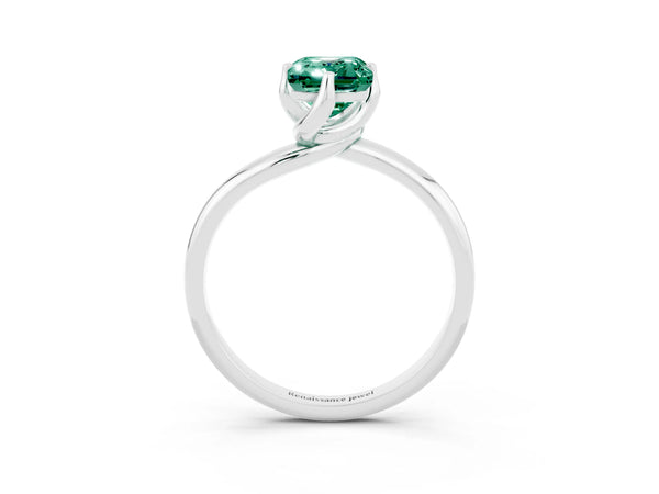 White gold Emerald Cut Green Sapphire Solitaire Engagement Ring with Four-Prong Setting and Classic Band