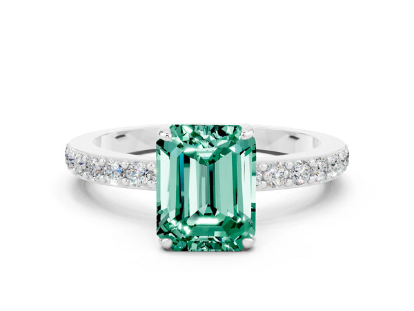 Platinum Emerald Cut Green Sapphire Solitaire Engagement Ring with Pavé Band and Four-Prong Setting