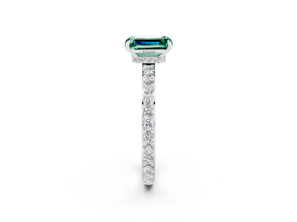 Silver Emerald Cut Green Sapphire Solitaire Engagement Ring with Pavé Band and Four-Prong Setting