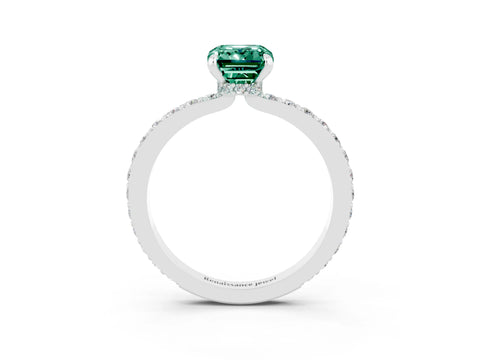 White gold Emerald Cut Green Sapphire Solitaire Engagement Ring with Pavé Band and Four-Prong Setting_3