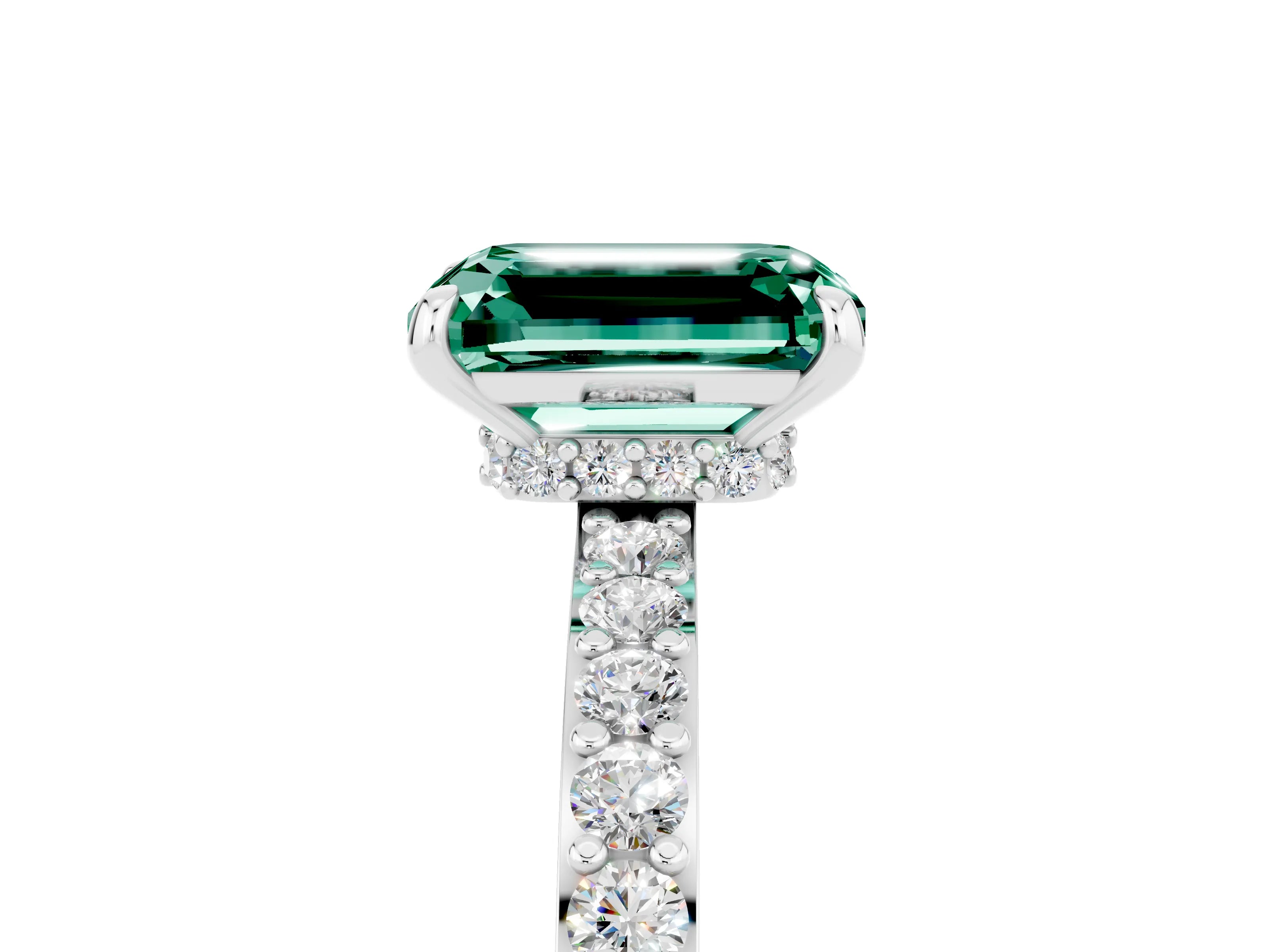 White gold Emerald Cut Green Sapphire Solitaire Engagement Ring with Pavé Band and Four-Prong Setting_5