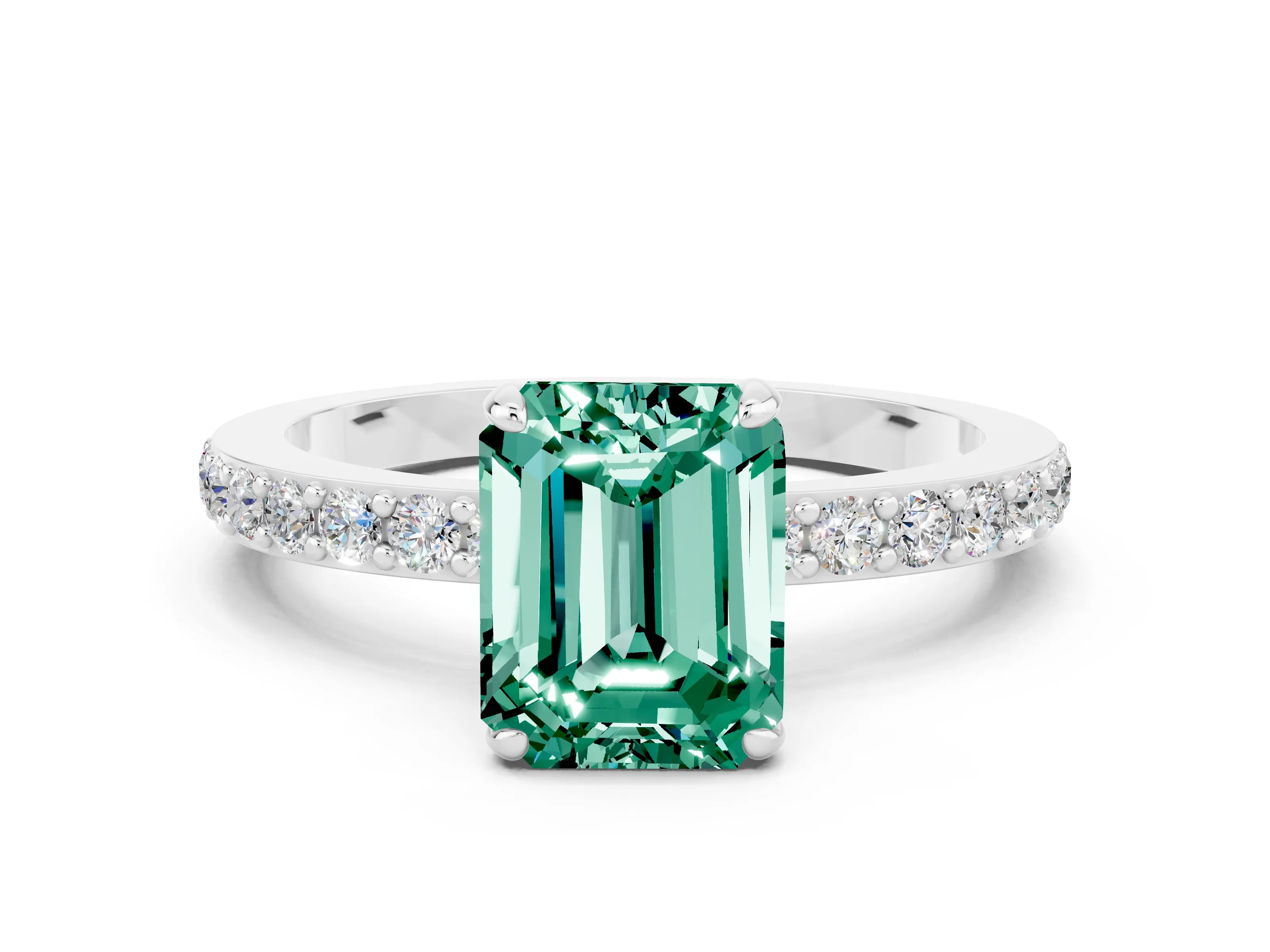 White gold Emerald Cut Green Sapphire Solitaire Engagement Ring with Pavé Band and Four-Prong Setting