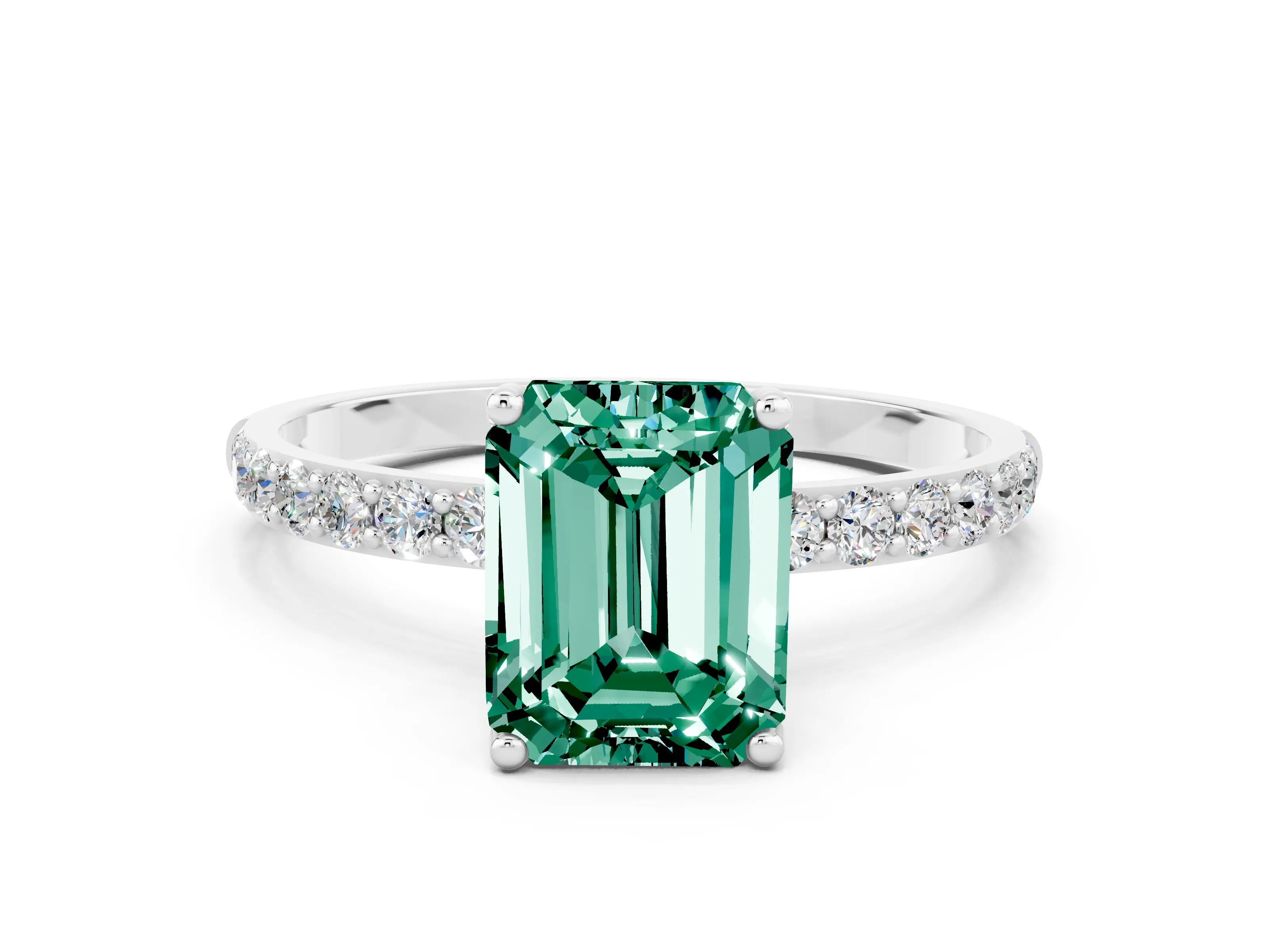 White gold Emerald Cut Green Sapphire Solitaire Engagement Ring with Pavé Band and Prong Setting
