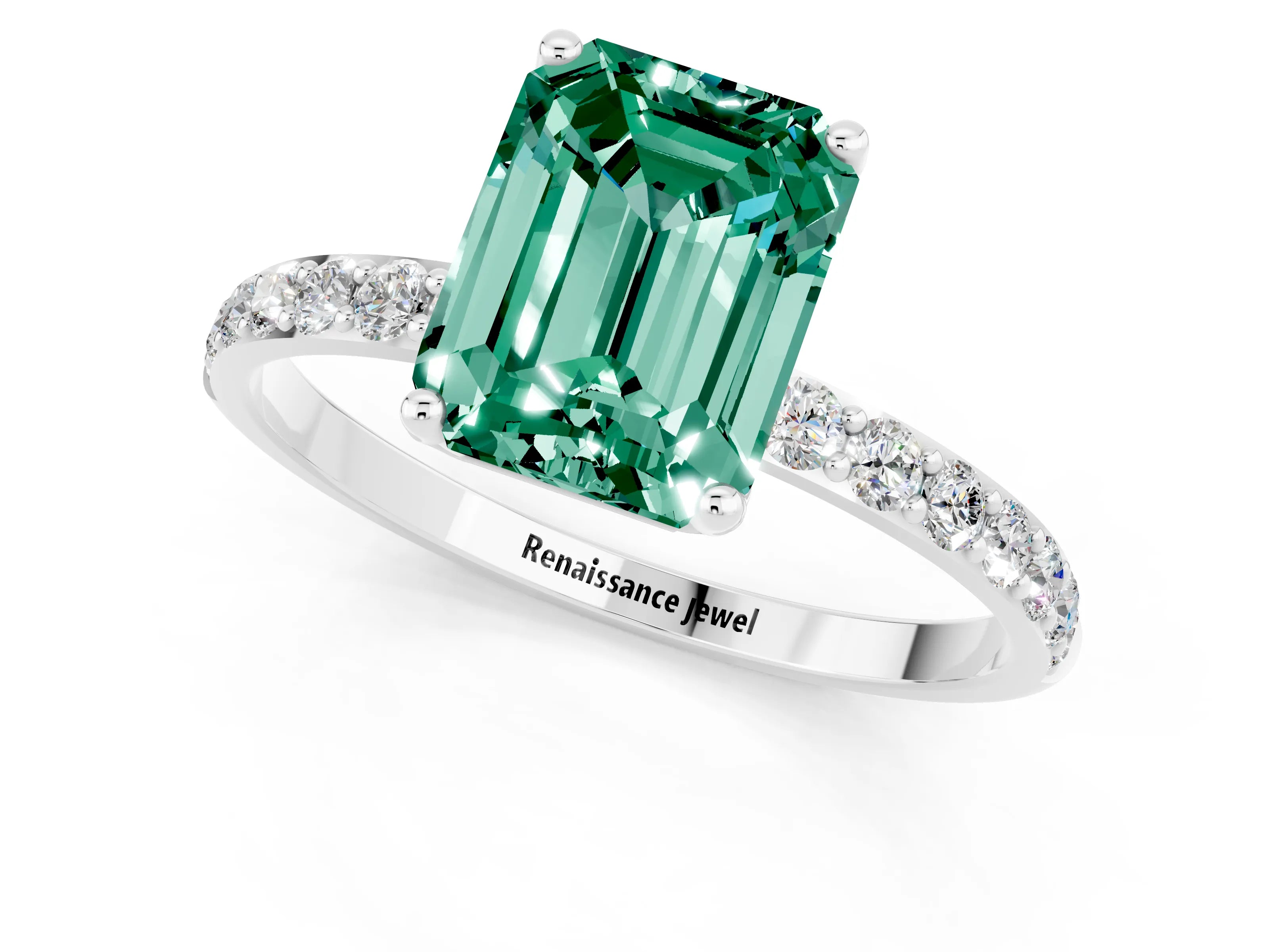 White gold Emerald Cut Green Sapphire Solitaire Engagement Ring with Pavé Band and Prong Setting_1