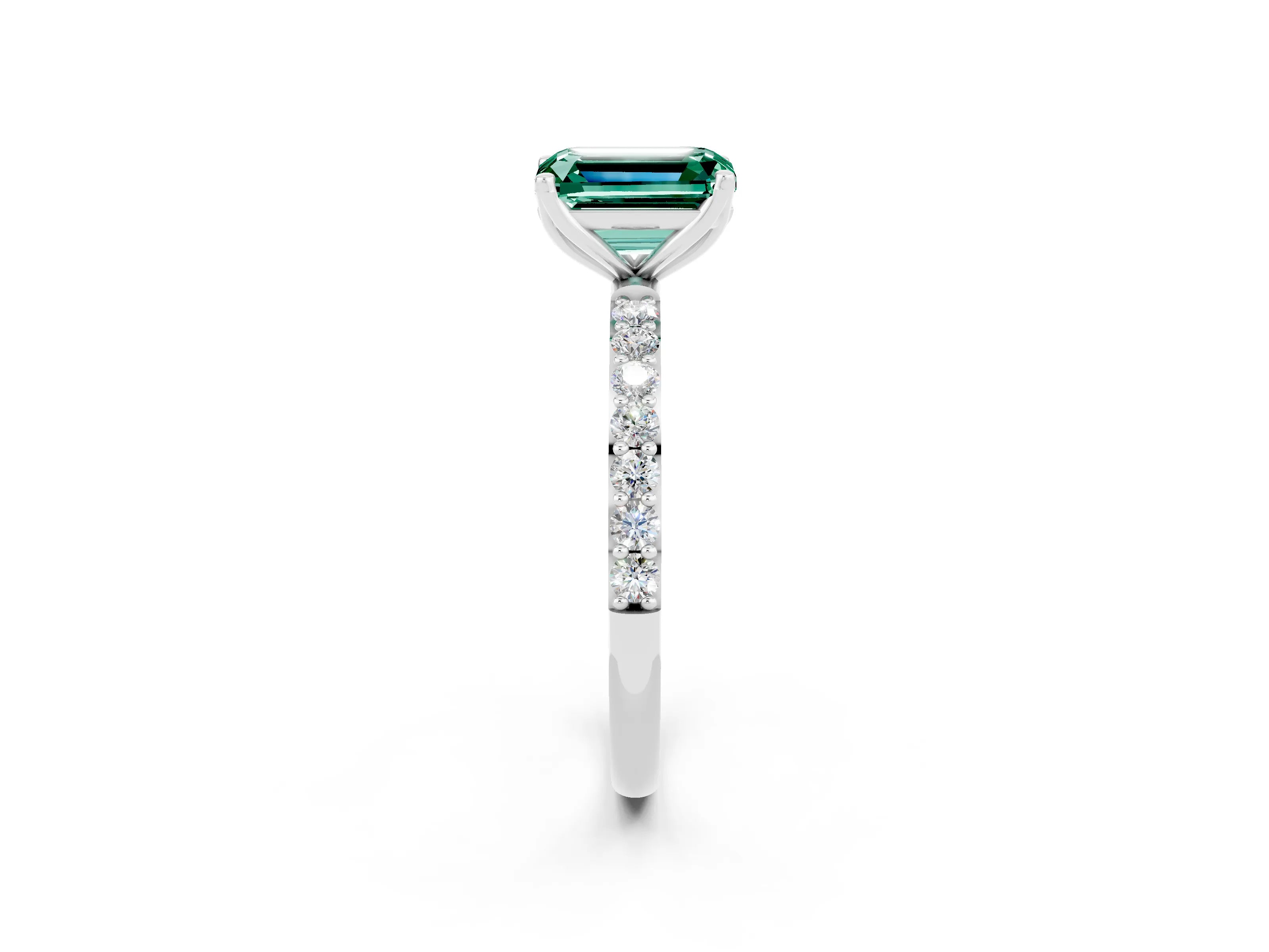 White gold Emerald Cut Green Sapphire Solitaire Engagement Ring with Pavé Band and Prong Setting_2