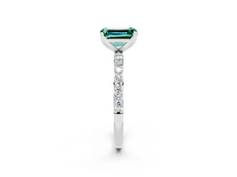 White gold Emerald Cut Green Sapphire Solitaire Engagement Ring with Pavé Band and Prong Setting_2