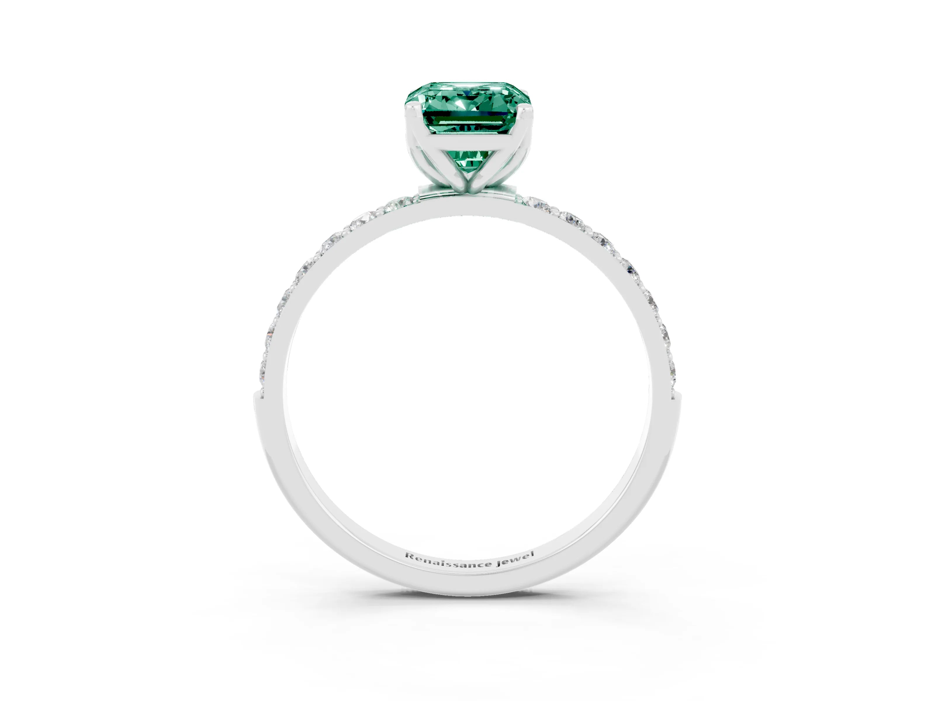 White gold Emerald Cut Green Sapphire Solitaire Engagement Ring with Pavé Band and Prong Setting_3