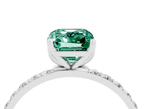 White gold Emerald Cut Green Sapphire Solitaire Engagement Ring with Pavé Band and Prong Setting_4