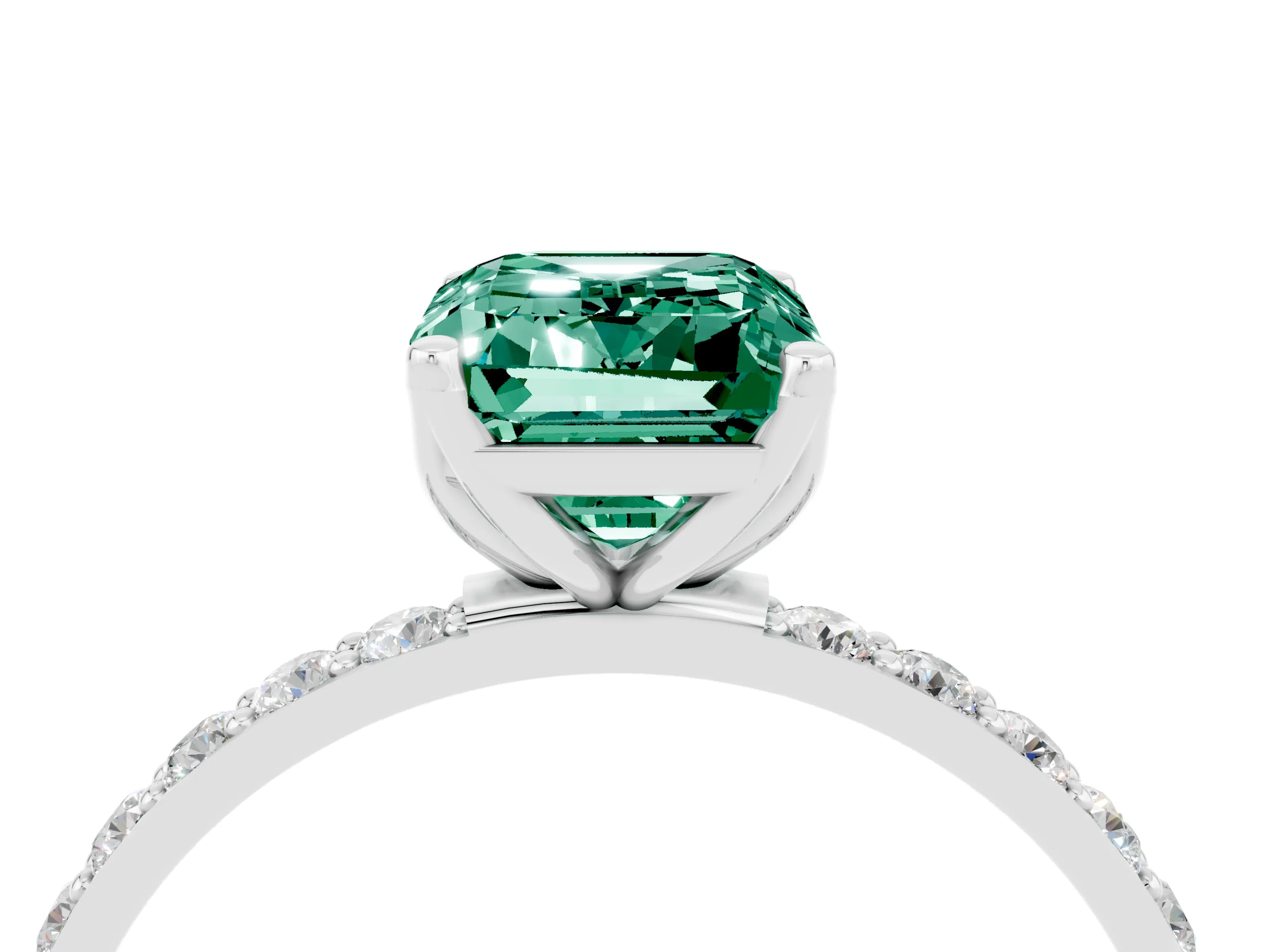 White gold Emerald Cut Green Sapphire Solitaire Engagement Ring with Pavé Band and Prong Setting_4