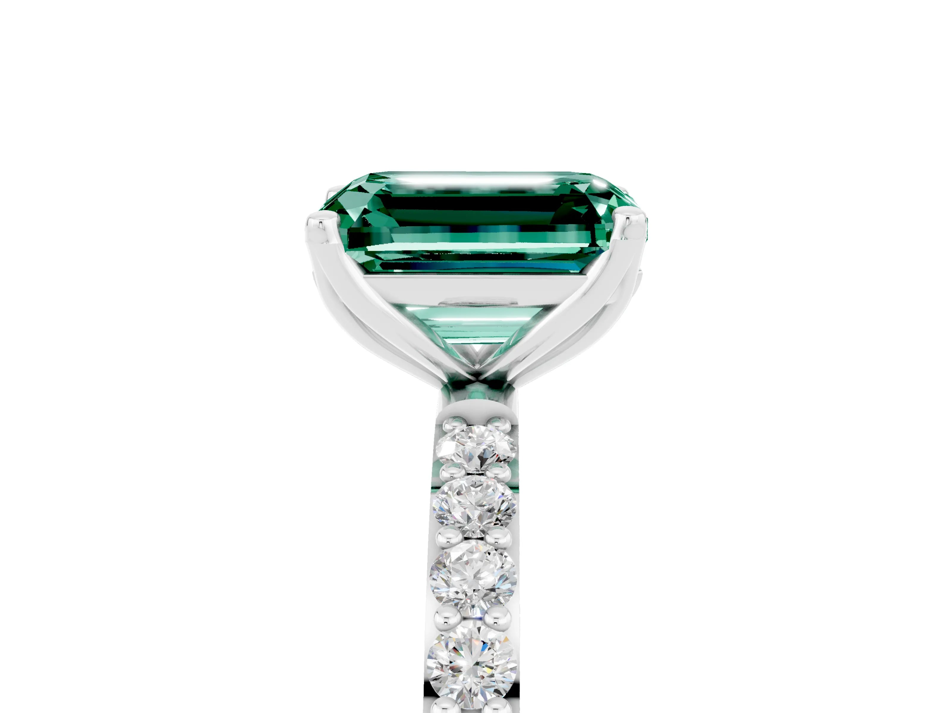 White gold Emerald Cut Green Sapphire Solitaire Engagement Ring with Pavé Band and Prong Setting_5