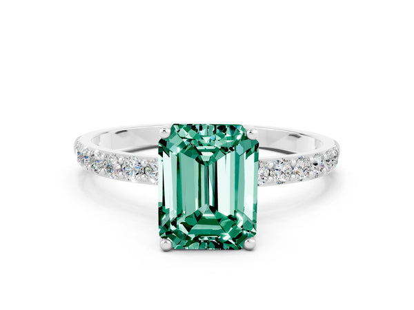 White gold Emerald Cut Green Sapphire Solitaire Engagement Ring with Round  Pavé Band and Prong Setting