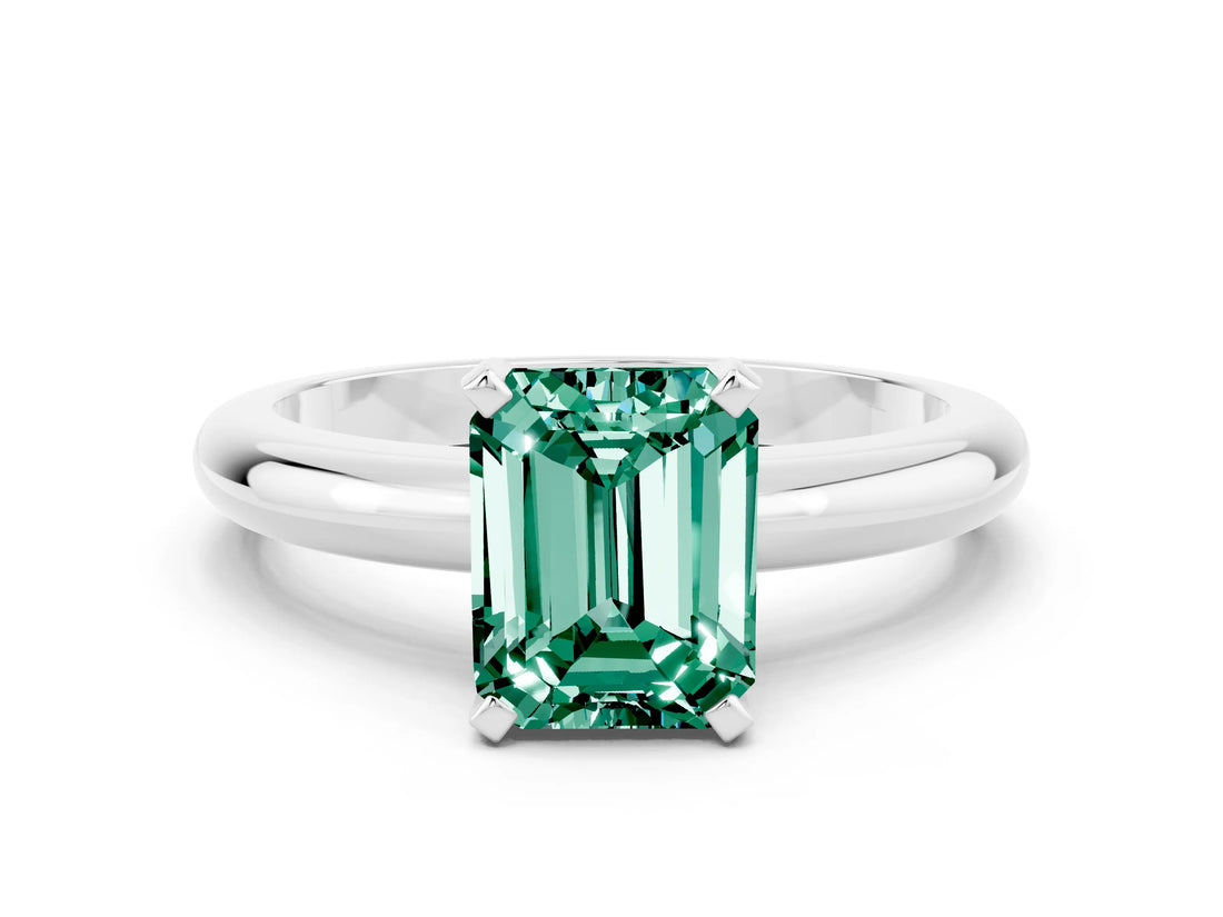 White gold Emerald Cut Green Sapphire Solitaire Engagement Ring with Round Band and Four-Prong Setting