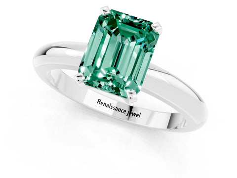 White gold Emerald Cut Green Sapphire Solitaire Engagement Ring with Round Band and Four-Prong Setting_1