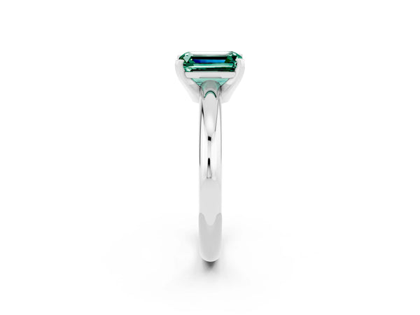 Silver Emerald Cut Green Sapphire Solitaire Engagement Ring with Round Band and Four-Prong Setting