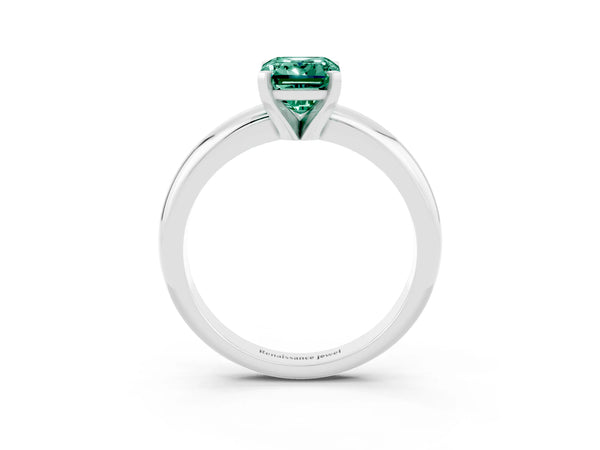 Platinum Emerald Cut Green Sapphire Solitaire Engagement Ring with Round Band and Four-Prong Setting