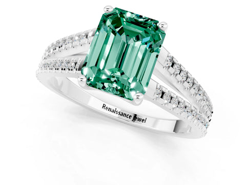White gold Emerald Cut Green Sapphire Solitaire Engagement Ring with Split Shank Pavé Band_1