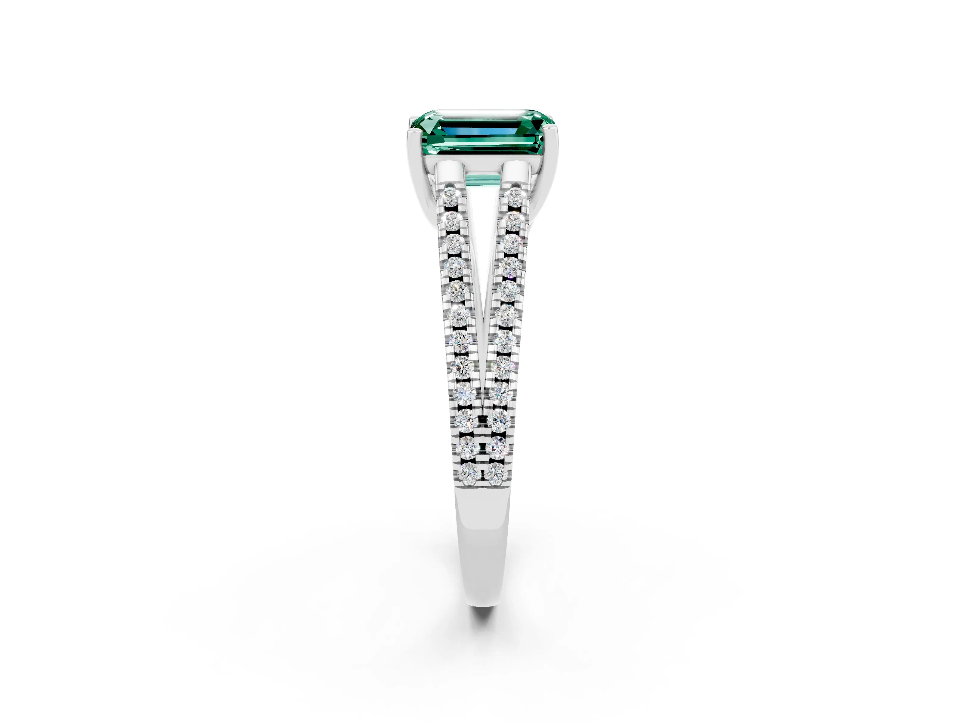 White gold Emerald Cut Green Sapphire Solitaire Engagement Ring with Split Shank Pavé Band_2