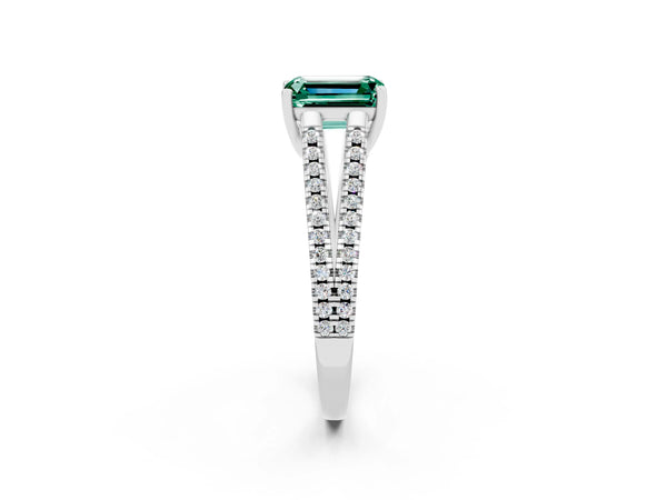 Silver Emerald Cut Green Sapphire Solitaire Engagement Ring with Split Shank Pavé Band