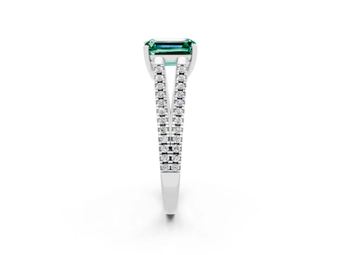 White gold Emerald Cut Green Sapphire Solitaire Engagement Ring with Split Shank Pavé Band_2