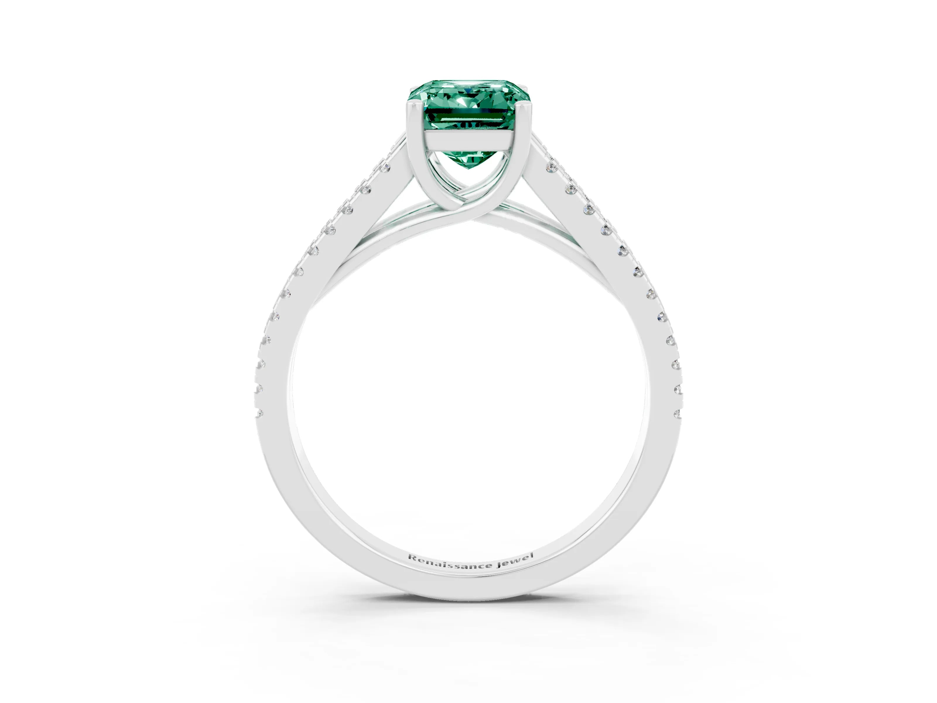 White gold Emerald Cut Green Sapphire Solitaire Engagement Ring with Split Shank Pavé Band_3