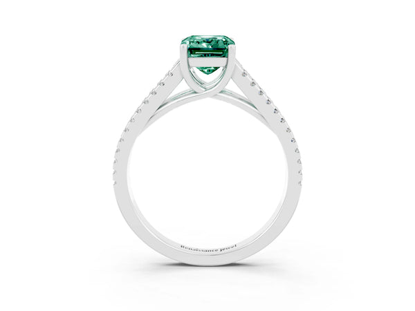 Platinum Emerald Cut Green Sapphire Solitaire Engagement Ring with Split Shank Pavé Band