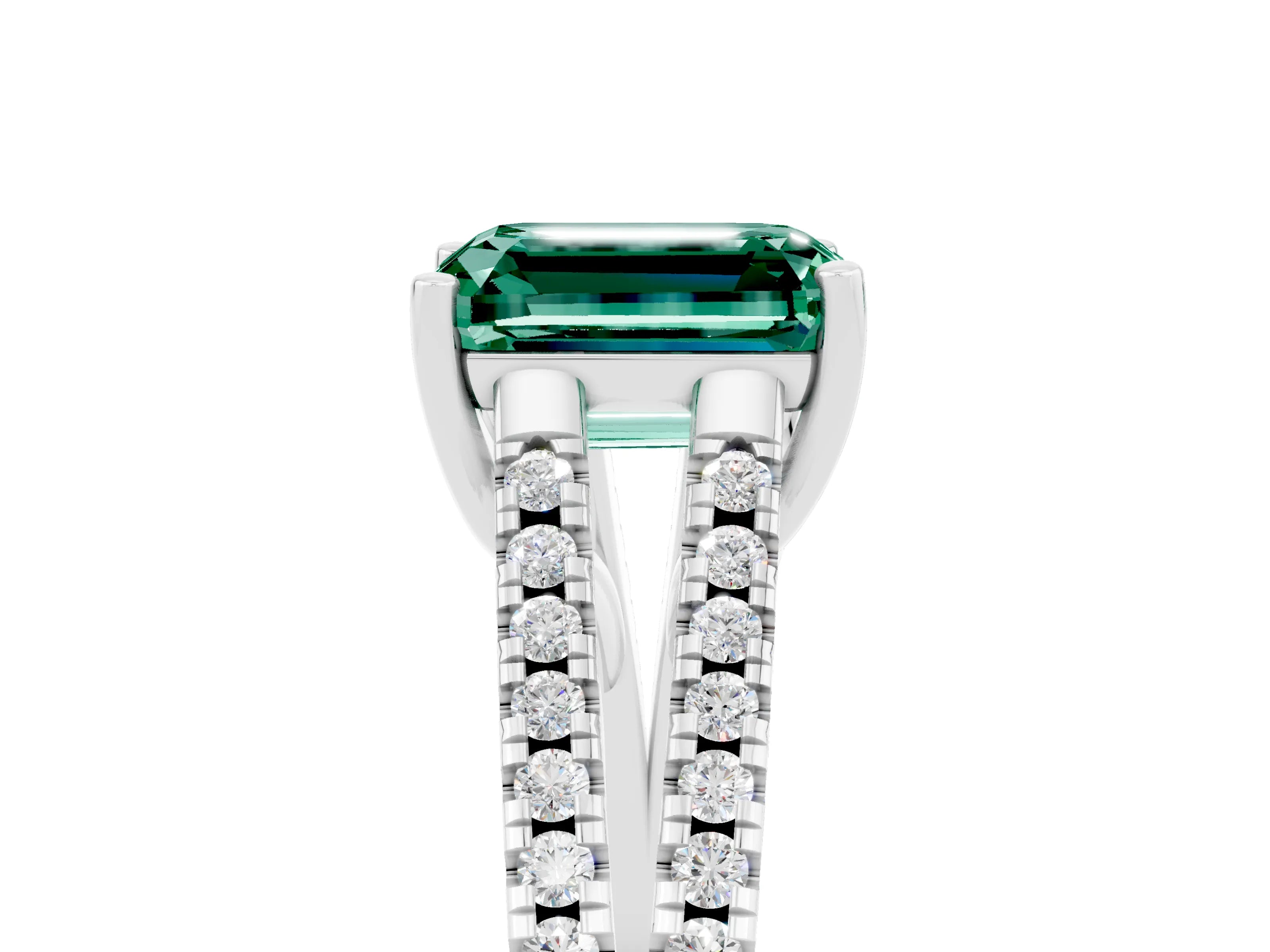 White gold Emerald Cut Green Sapphire Solitaire Engagement Ring with Split Shank Pavé Band_5
