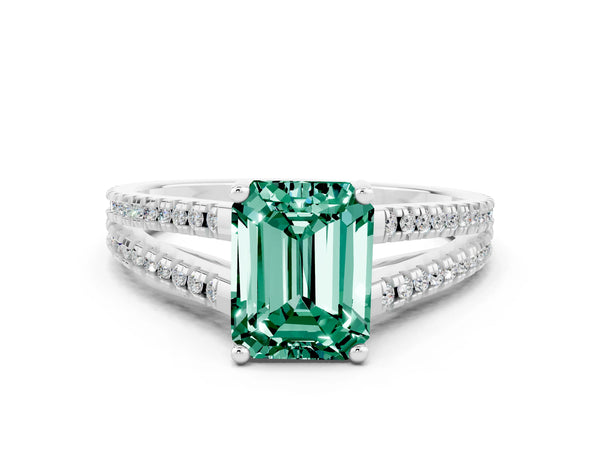 Silver Emerald Cut Green Sapphire Solitaire Engagement Ring with Split Shank Pavé Band