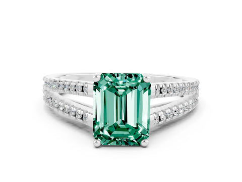 White gold Emerald Cut Green Sapphire Solitaire Engagement Ring with Split Shank Pavé Band