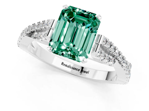 White gold Emerald Cut Green Sapphire Solitaire Engagement Ring with Twisted Pavé Band and Four-Prong Setting_1