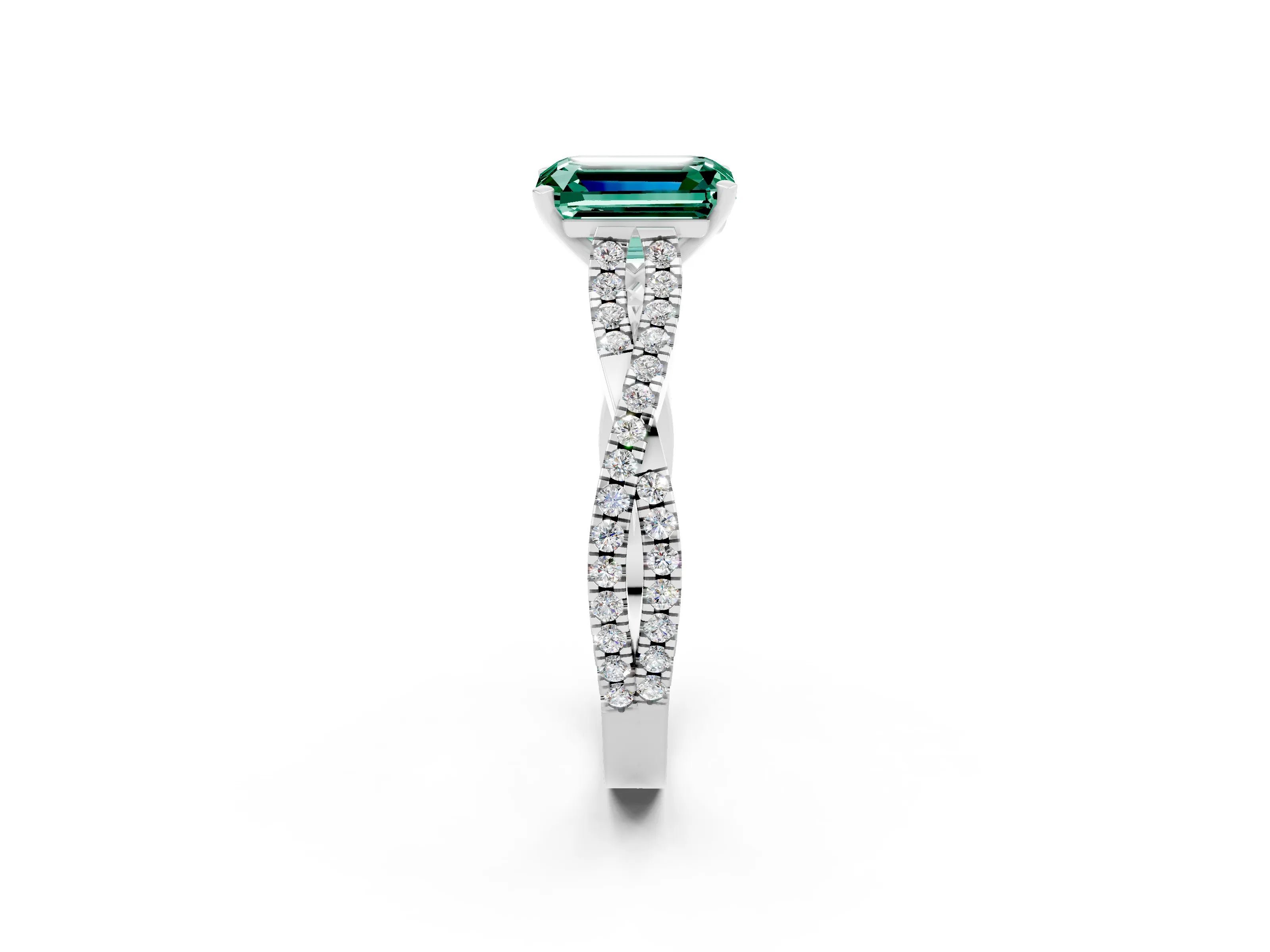 White gold Emerald Cut Green Sapphire Solitaire Engagement Ring with Twisted Pavé Band and Four-Prong Setting_2