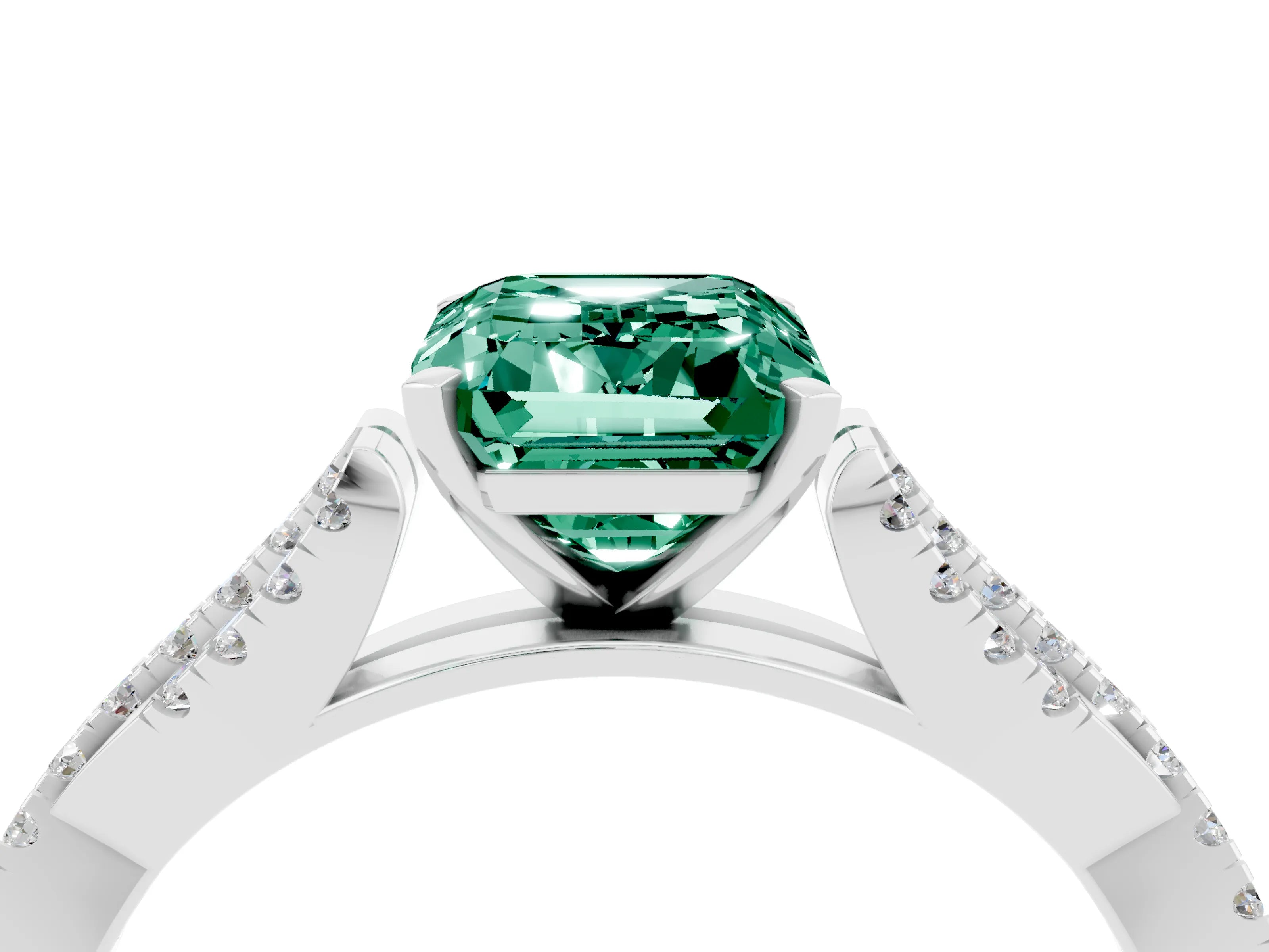 White gold Emerald Cut Green Sapphire Solitaire Engagement Ring with Twisted Pavé Band and Four-Prong Setting_4