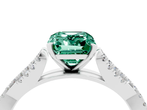 White gold Emerald Cut Green Sapphire Solitaire Engagement Ring with Twisted Pavé Band and Four-Prong Setting_4