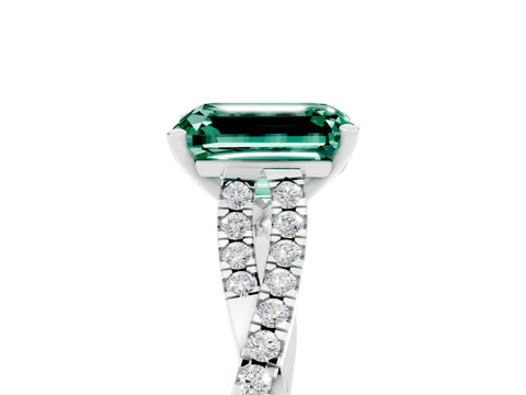 White gold Emerald Cut Green Sapphire Solitaire Engagement Ring with Twisted Pavé Band and Four-Prong Setting_5