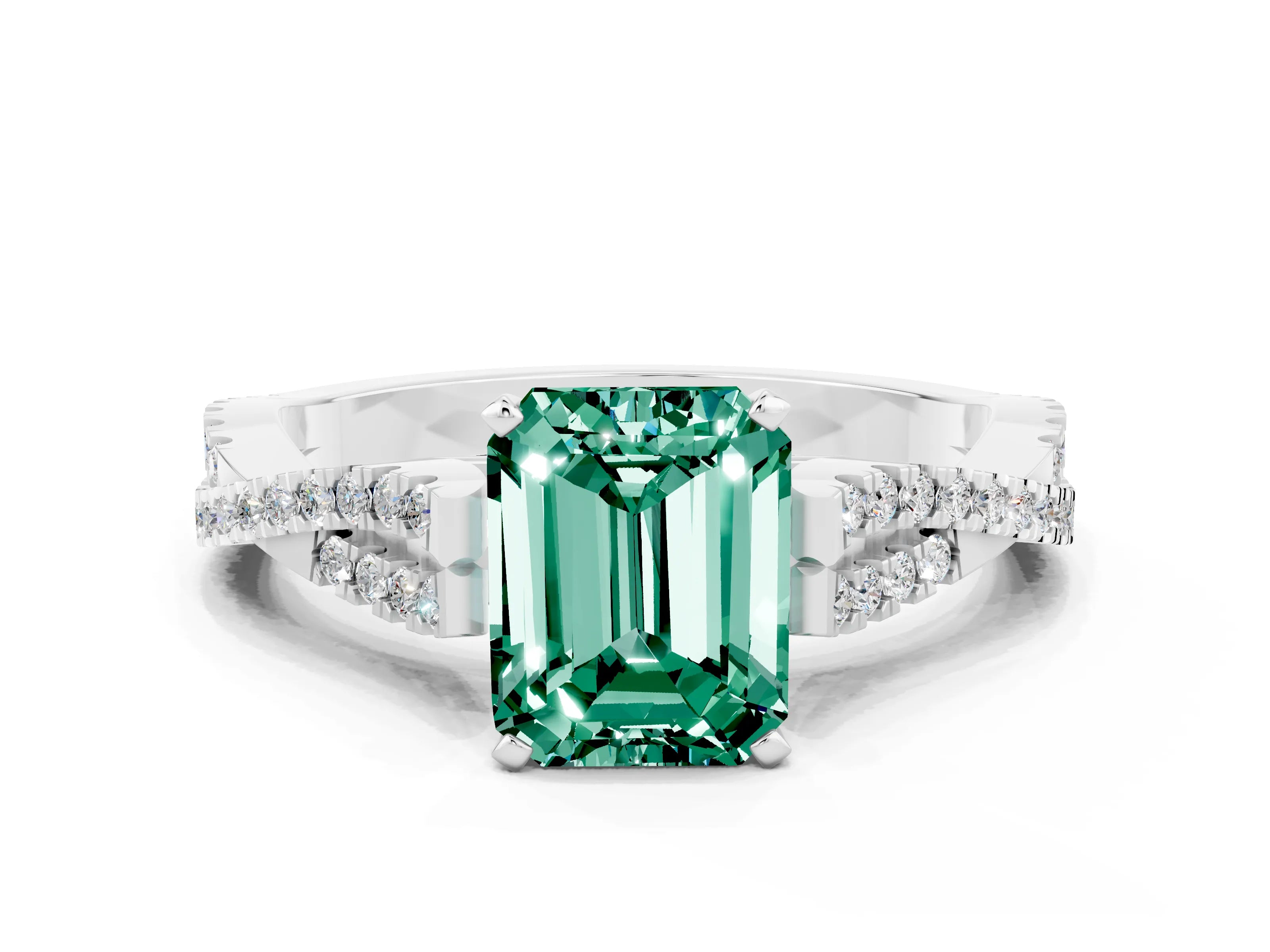 White gold Emerald Cut Green Sapphire Solitaire Engagement Ring with Twisted Pavé Band and Four-Prong Setting