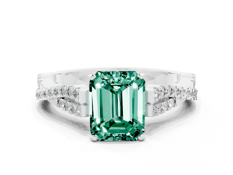 White gold Emerald Cut Green Sapphire Solitaire Engagement Ring with Twisted Pavé Band and Four-Prong Setting