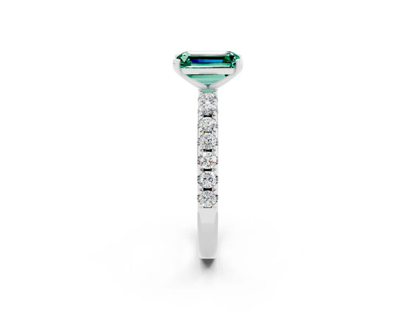 Silver Emerald Cut Green Sapphire Solitaire Pavé Band with Four-Prong Setting