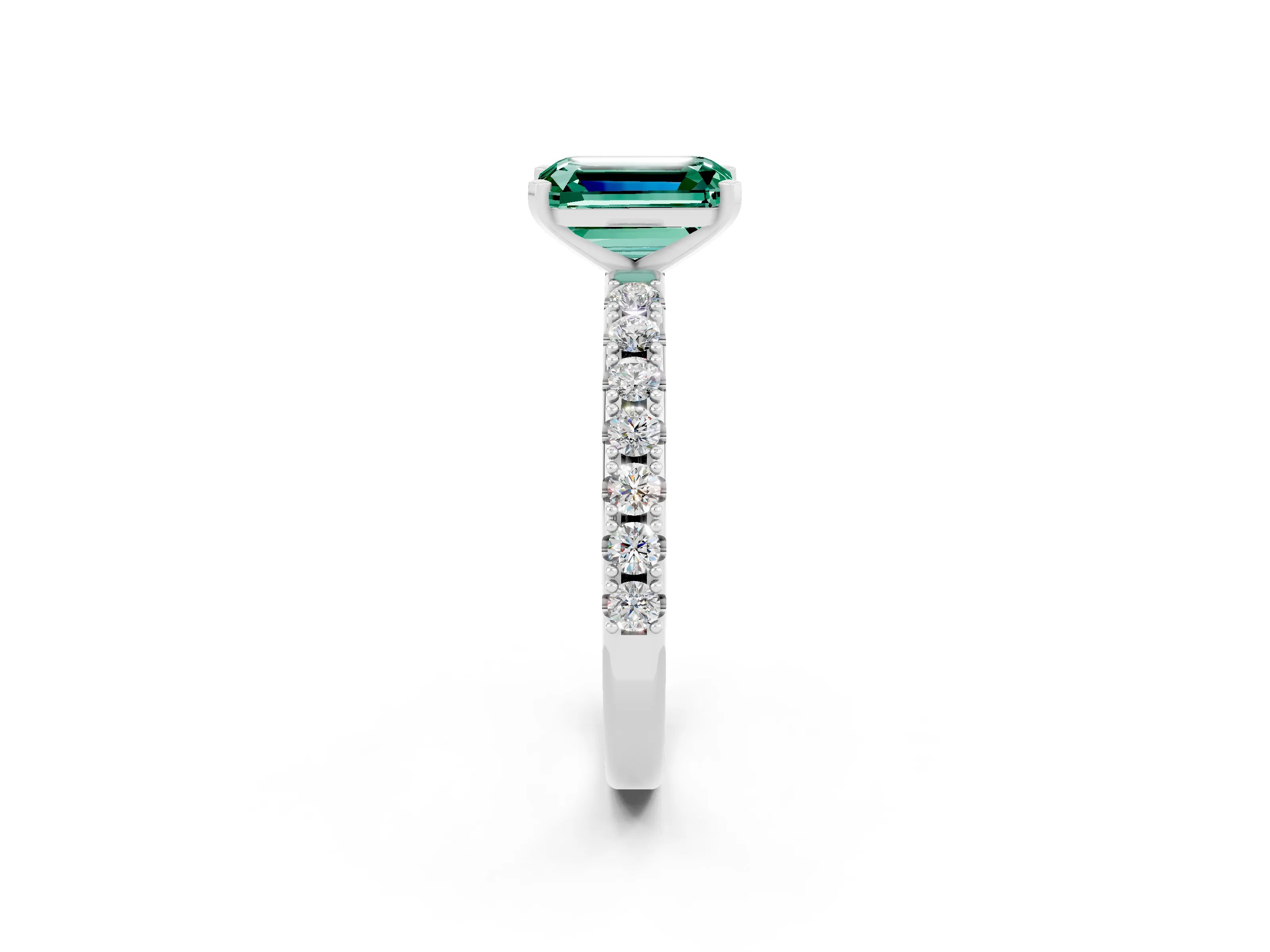 White gold Emerald Cut Green Sapphire Solitaire Pavé Band with Four-Prong Setting_2