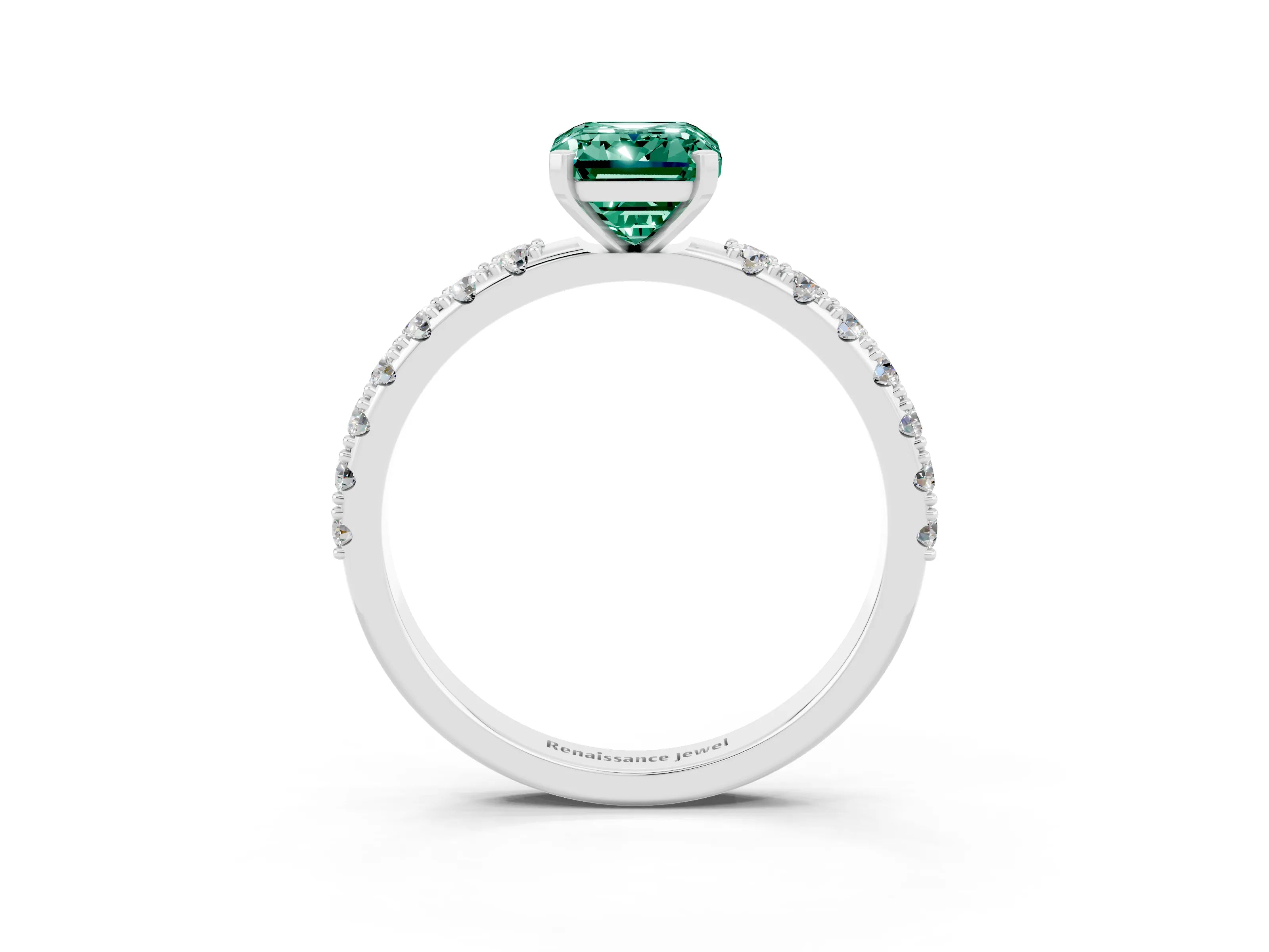 White gold Emerald Cut Green Sapphire Solitaire Pavé Band with Four-Prong Setting_3