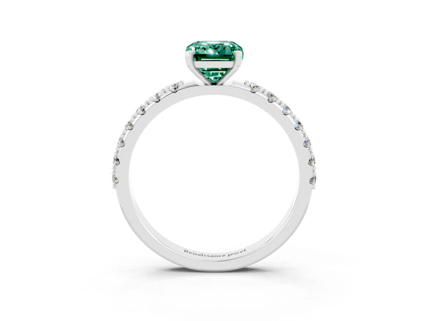Silver Emerald Cut Green Sapphire Solitaire Pavé Band with Four-Prong Setting