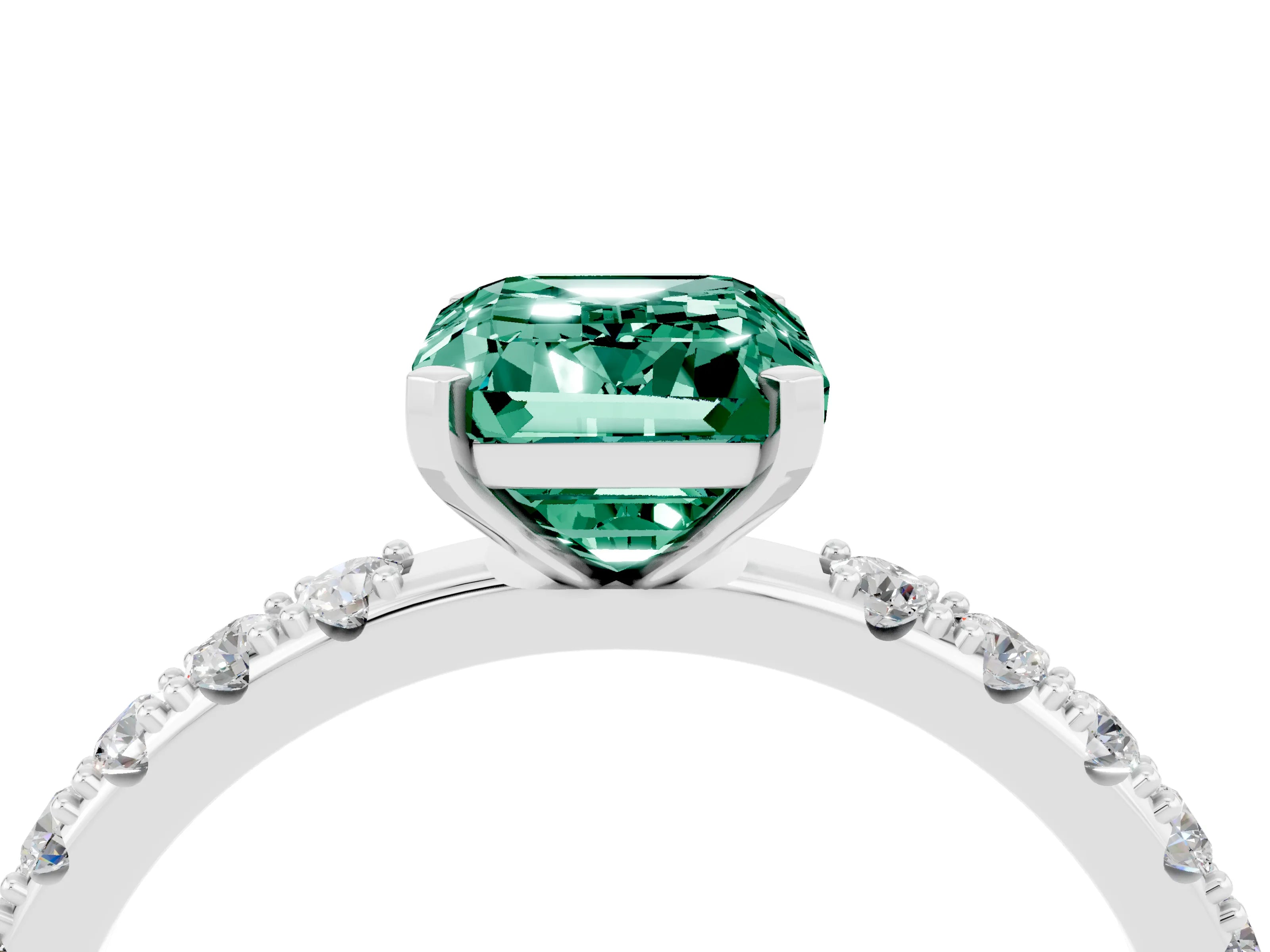 White gold Emerald Cut Green Sapphire Solitaire Pavé Band with Four-Prong Setting_4