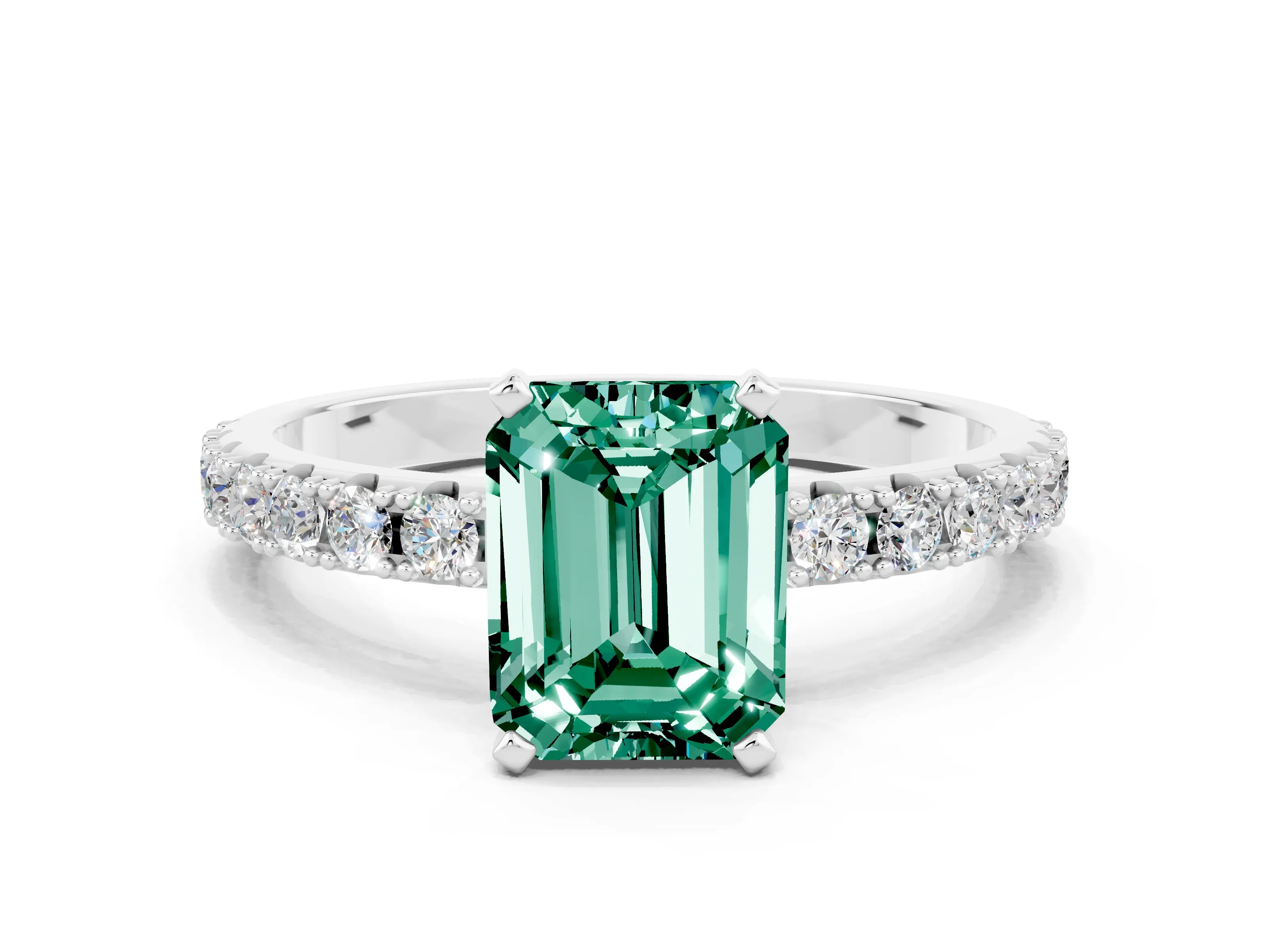 White gold Emerald Cut Green Sapphire Solitaire Pavé Band with Four-Prong Setting