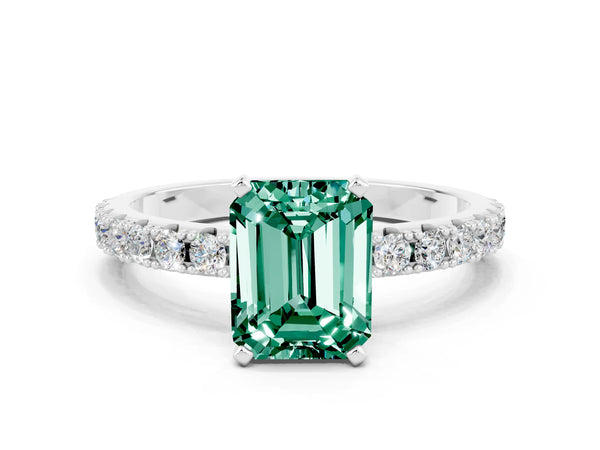 White gold Emerald Cut Green Sapphire Solitaire Pavé Band with Four-Prong Setting