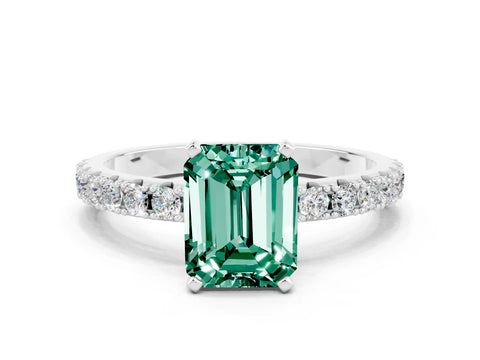 White gold Emerald Cut Green Sapphire Solitaire Pavé Band with Four-Prong Setting