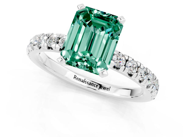 White gold Emerald Cut Green Sapphire Solitaire Pavé Engagement Ring with Round Band and Prong Setting