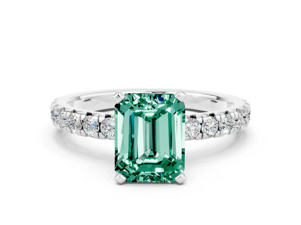 Platinum Emerald Cut Green Sapphire Solitaire Pavé Engagement Ring with Round Band and Prong Setting